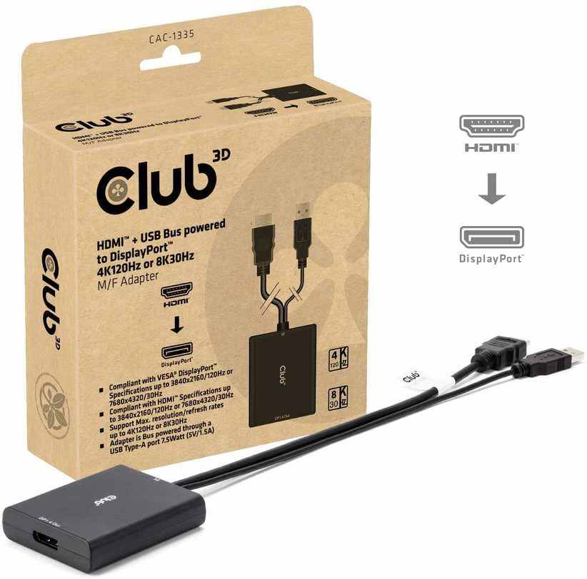 Club 3D HDMI + Micro USB į DisplayPort 4K120Hz/8K30Hz aktyvus adapteris