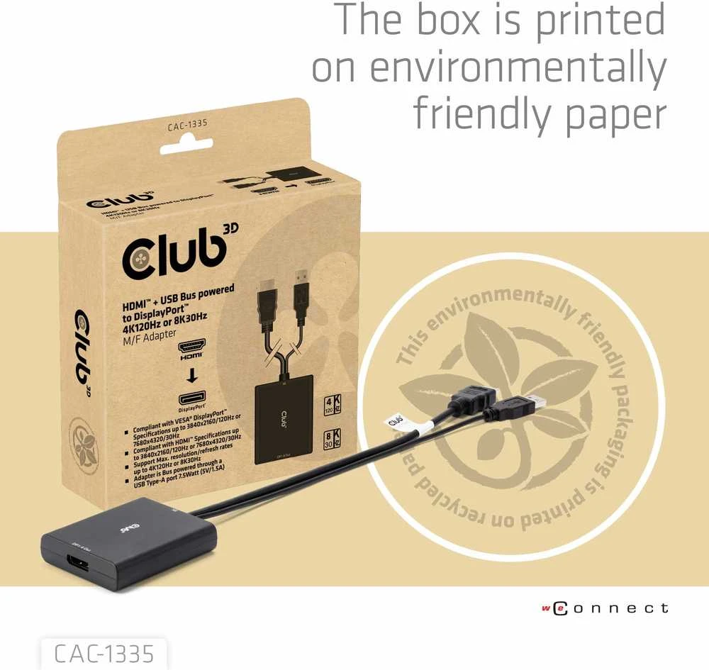 Club 3D HDMI + Micro USB į DisplayPort 4K120Hz/8K30Hz aktyvus adapteris