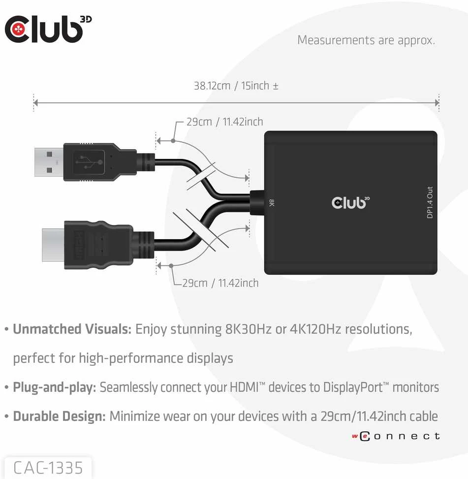 Club 3D HDMI + Micro USB į DisplayPort 4K120Hz/8K30Hz aktyvus adapteris