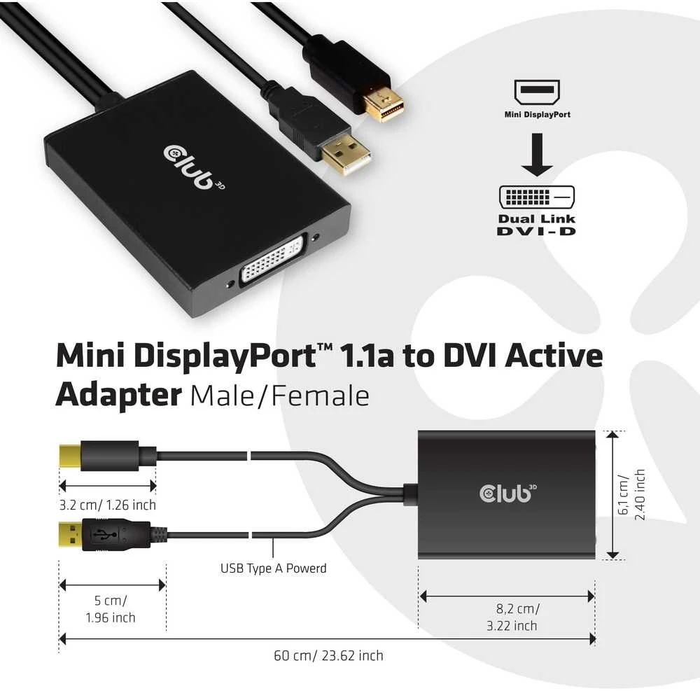 Club 3D Aktyvus Club3D Adapteris Mini DisplayPort 1.2 į Dual Link DVI-D aktyvus adapteris, tik HDCP, 4k30Hz, 60cm