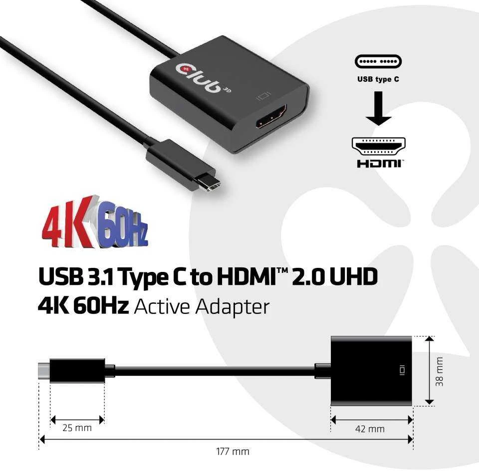 „Club 3D“ USB 3.1 C tipo į HDMI 2.0, 4K 60Hz aktyvus adapteris