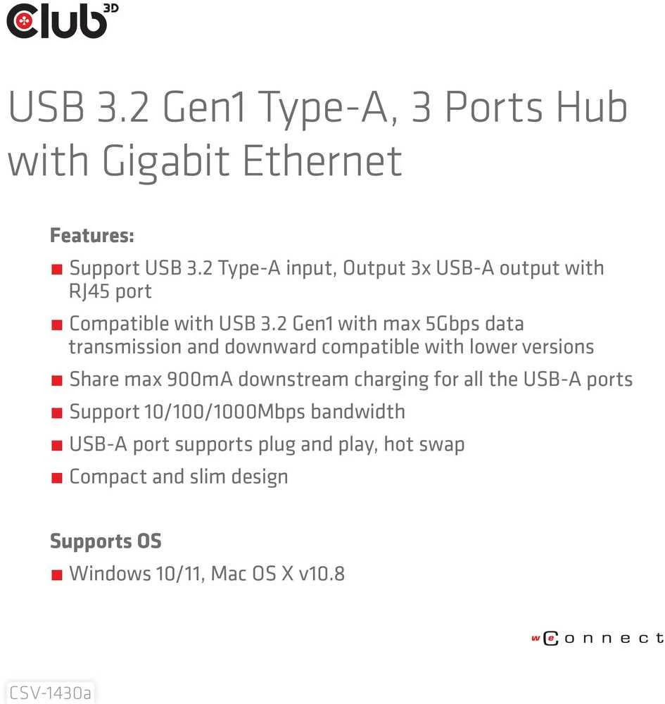 Club 3D Įvesties/išvesties šakotuvas USB3.2 3 prievadų/CSV-1430A CLUB3D