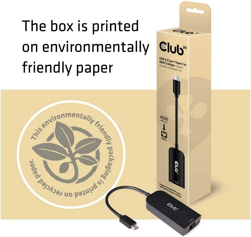 „Club 3D“ „Club3D“ USB 3.2 Gen 1 C tipo RJ45 2,5 Gbps adapteris, 24 cm