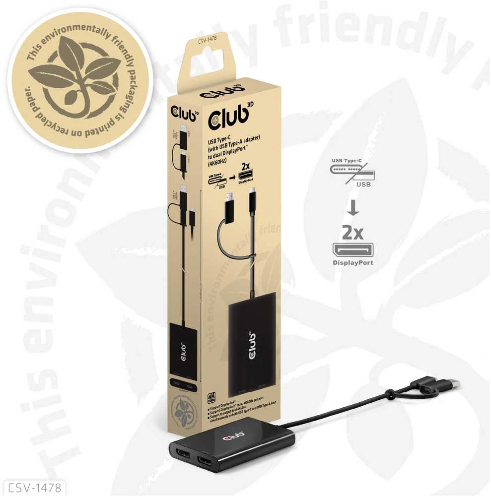 Club 3D Club3D adapteris USB-C (USB A adapteris) > 2x DP 4K@60Hz St/Bu mažmeninė prekyba