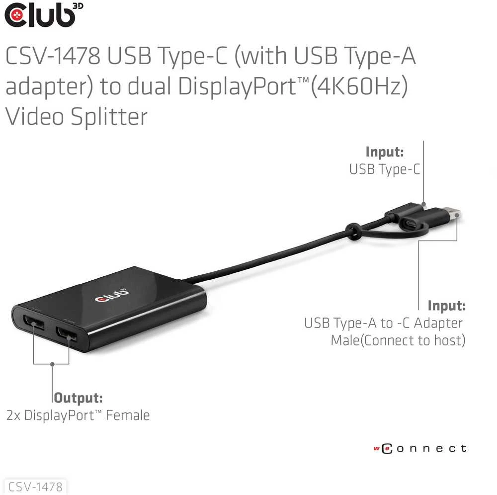 Club 3D Club3D adapteris USB-C (USB A adapteris) > 2x DP 4K@60Hz St/Bu mažmeninė prekyba