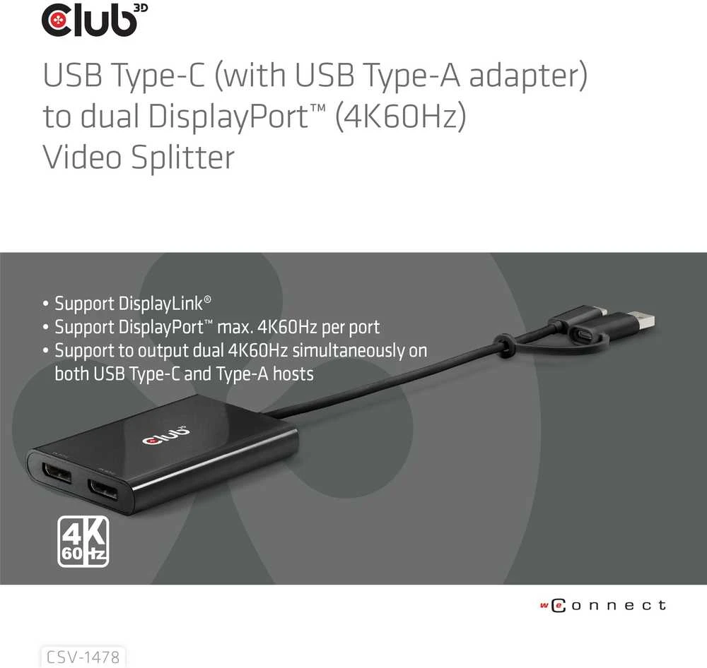 Club 3D Club3D adapteris USB-C (USB A adapteris) > 2x DP 4K@60Hz St/Bu mažmeninė prekyba
