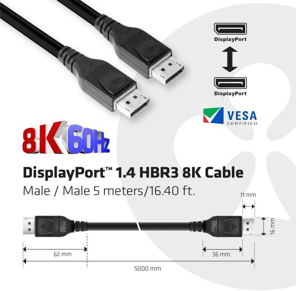 Club 3D DisplayPort 1.4 HBR3 8K60Hz DSC 1.2 Kabelis kištukinis/kištukinis – 5m
