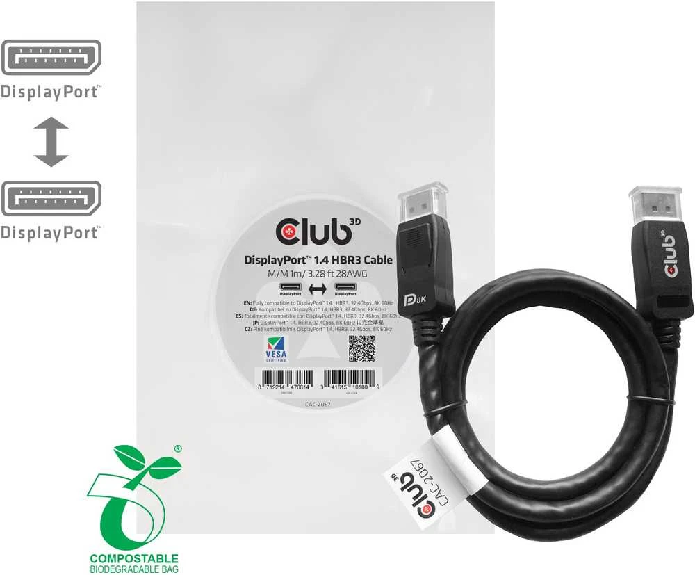 Club 3D DisplayPort 1.4 HBR3 8K60Hz DSC 1.2 Kabelis kištuku/kištuku – 1m