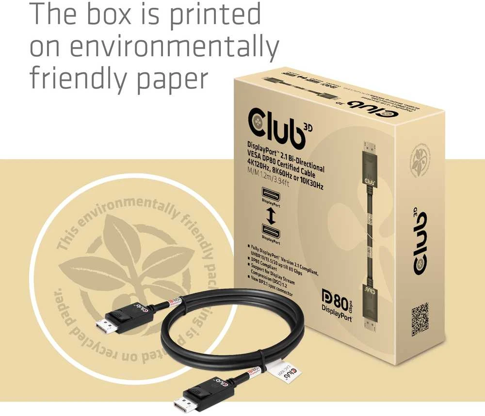 Club 3D Club3D Kabelis DisplayPort 2.1 na DisplayPort 2.1 4K120Hz/8K60Hz HDR (M/M), 1.2m, juoda