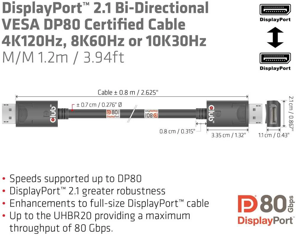 Club 3D Club3D Kabelis DisplayPort 2.1 na DisplayPort 2.1 4K120Hz/8K60Hz HDR (M/M), 1.2m, juoda