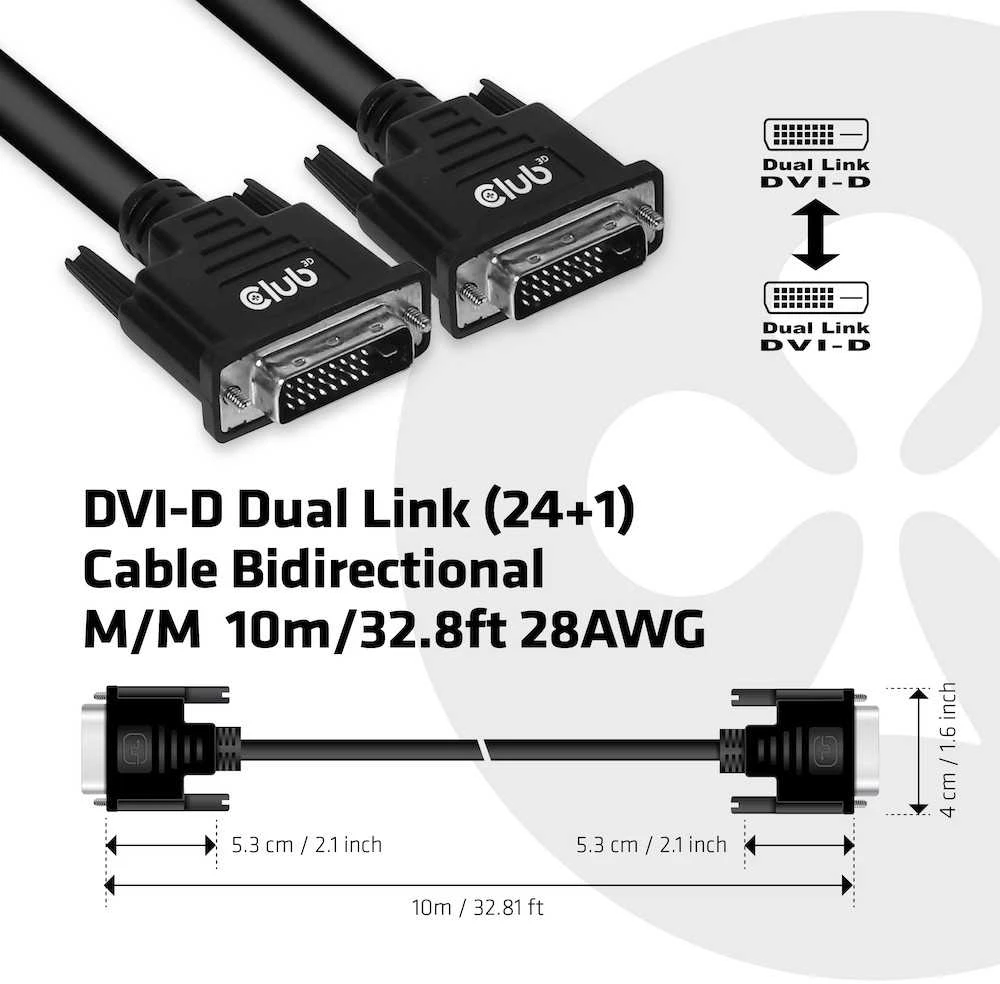 Club 3D Club3D kabelis DVI-D dviguba jungtis (24+1), 10m, dvikryptis, 28 AWG