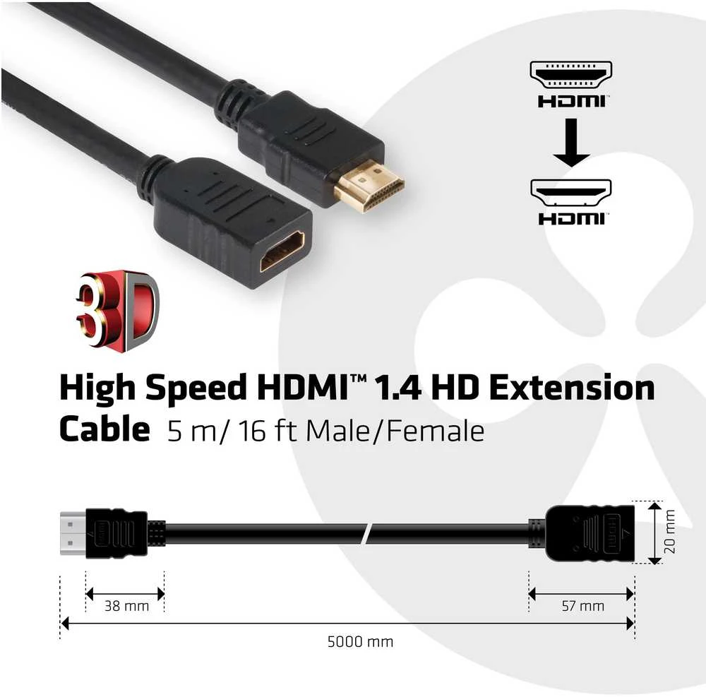 Club 3D CLUB3D didelės spartos HDMI™ 1.4 HD prailginimo kabelis 5 m/16 pėdų vyriškas/moteriškas