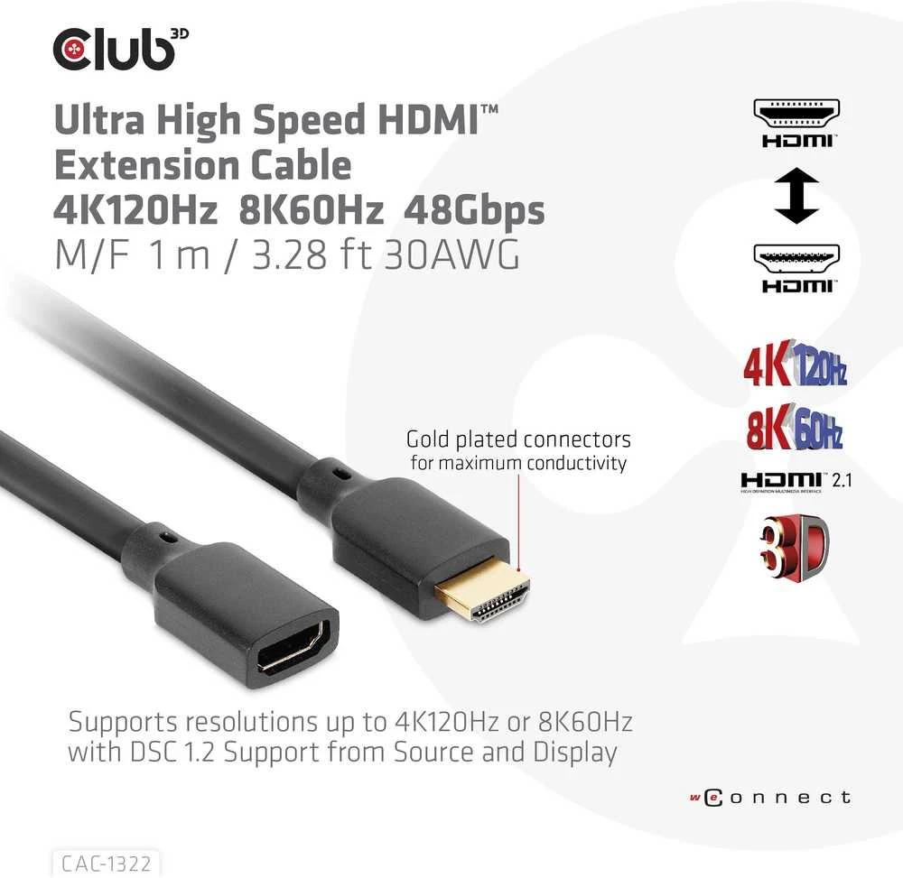 „Club 3D Ultra High Speed“ HDMI prailginimo kabelis, 4K120Hz/8K60Hz, 48Gbps – 1m
