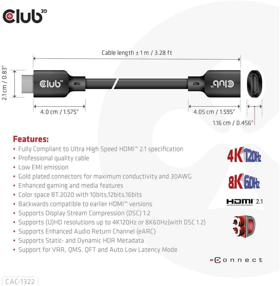 „Club 3D Ultra High Speed“ HDMI prailginimo kabelis, 4K120Hz/8K60Hz, 48Gbps – 1m