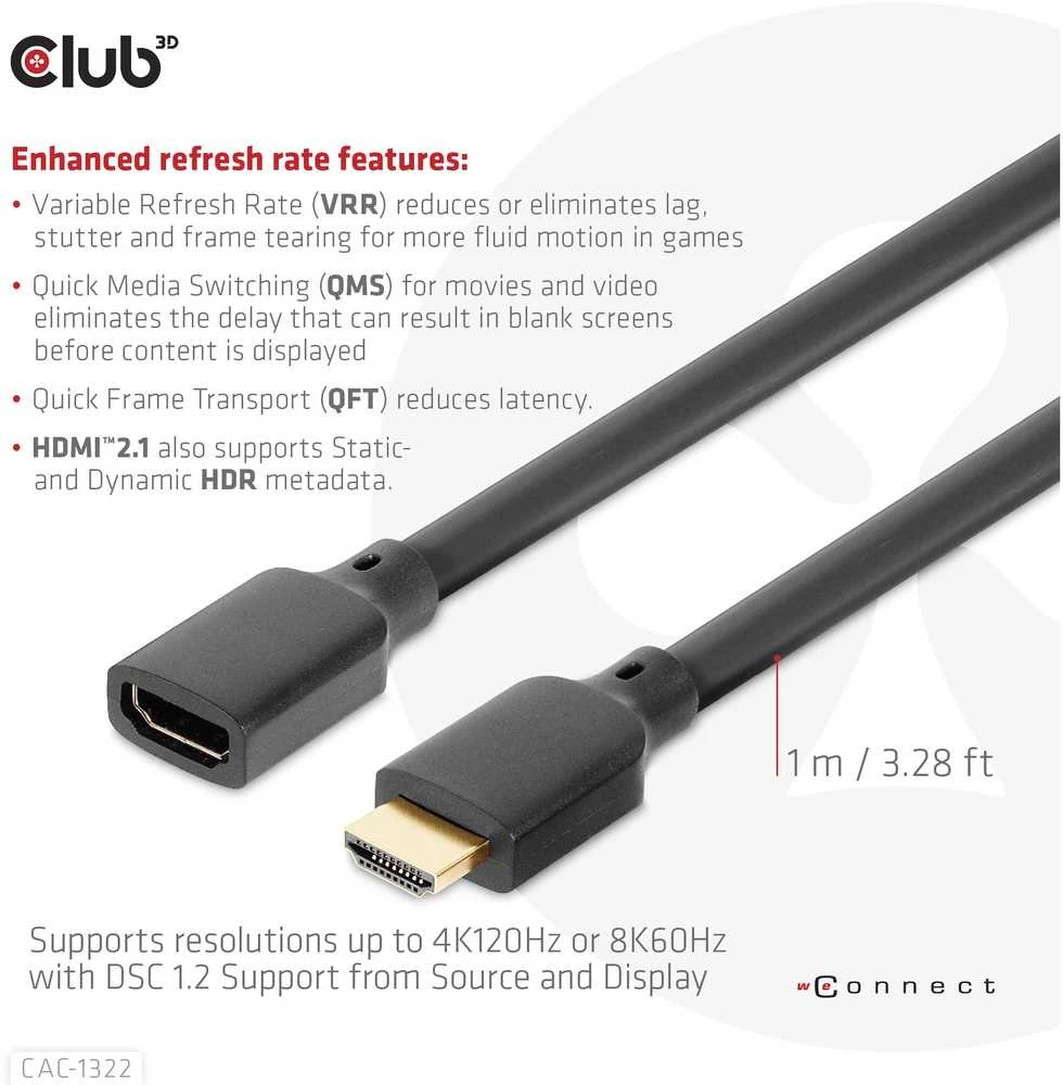 „Club 3D Ultra High Speed“ HDMI prailginimo kabelis, 4K120Hz/8K60Hz, 48Gbps – 1m