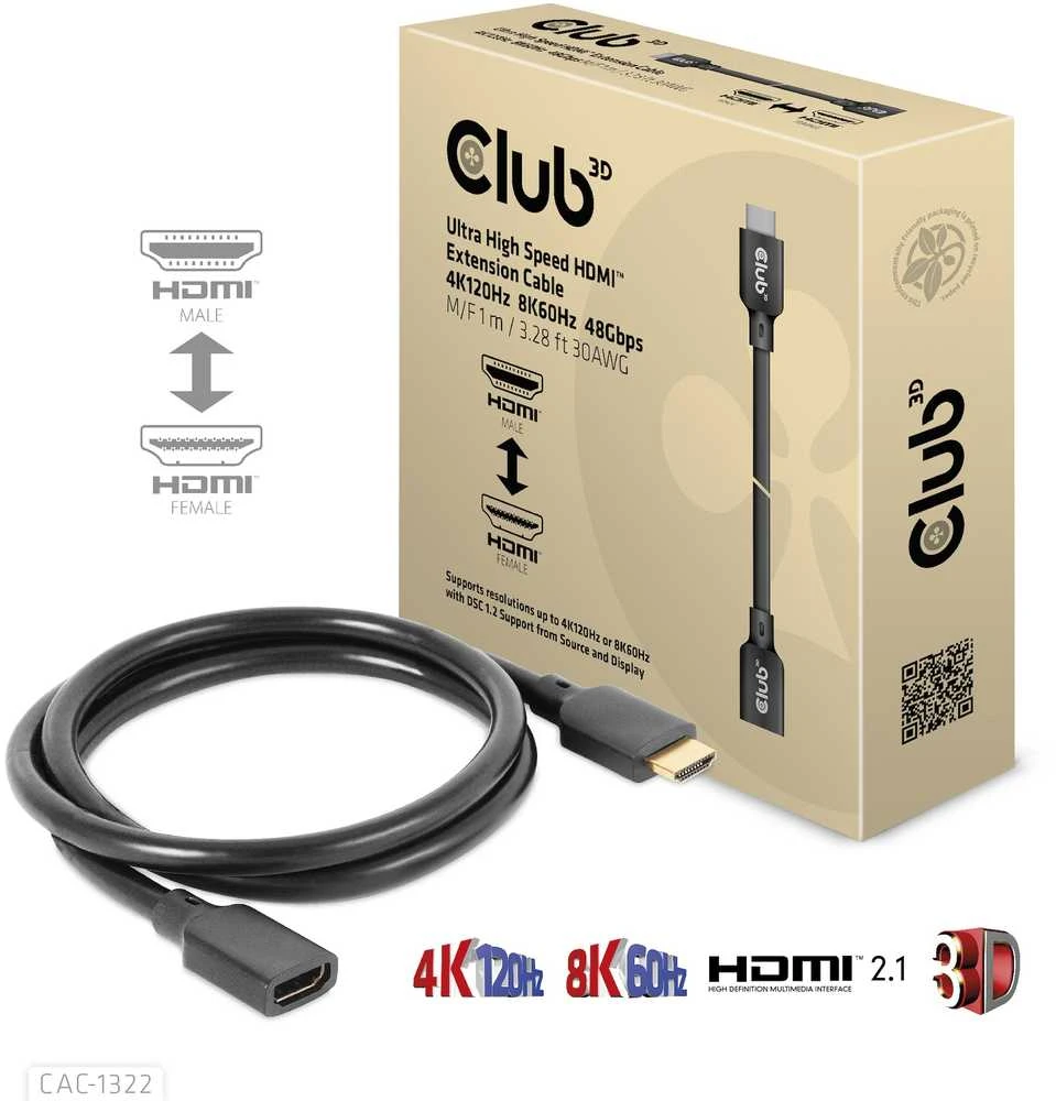 „Club 3D Ultra High Speed“ HDMI prailginimo kabelis, 4K120Hz/8K60Hz, 48Gbps – 1m
