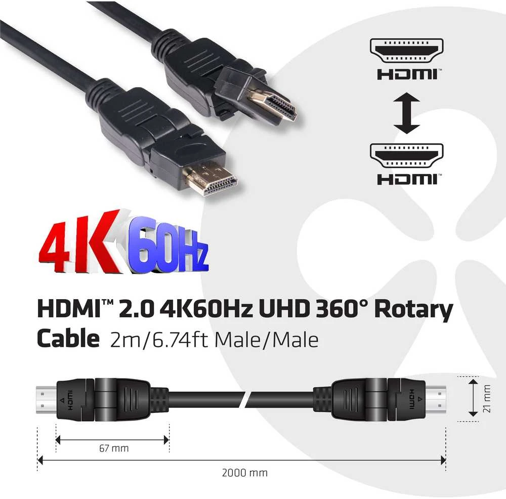 Club 3D CLUB3D HDMI 2.0 4K60Hz UHD 360 laipsnių sukamasis kabelis 2m/6.74ft