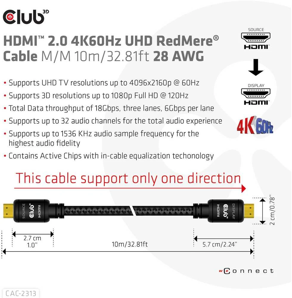 CLUB 3D HDMI 2.0 4K60Hz RedMere laidas 10m