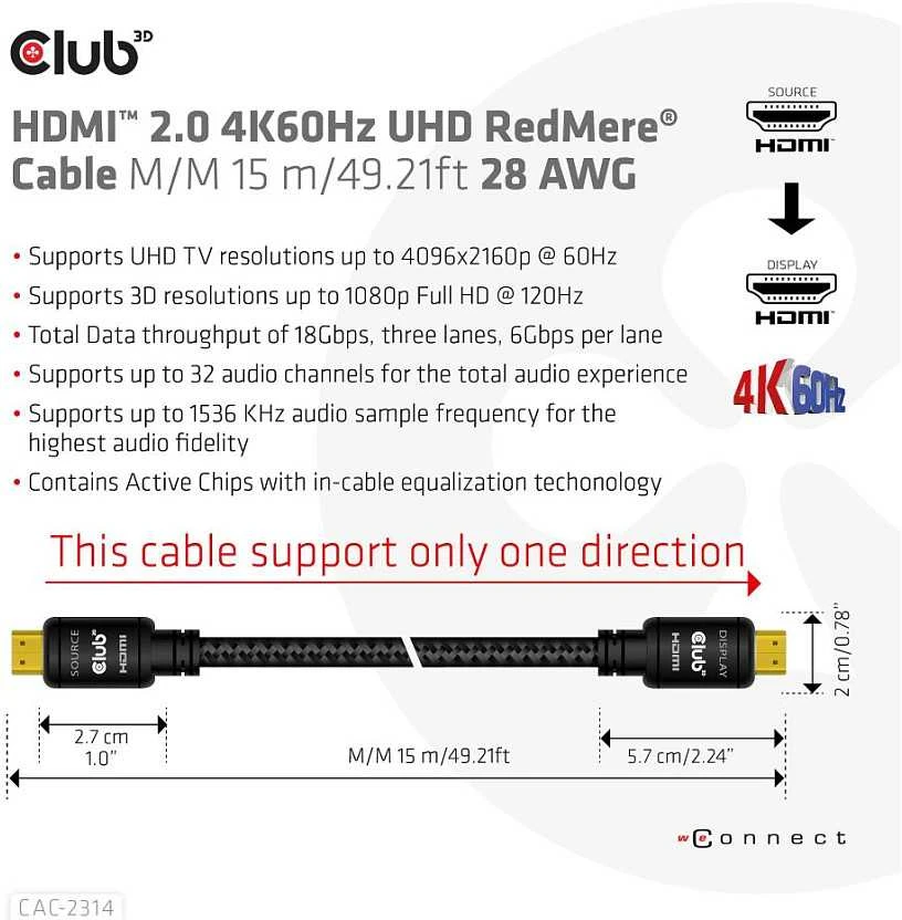 Club 3D CLD CLUB3D HDMI 2.0 4K60Hz RedMere cable 15m/49.2ft