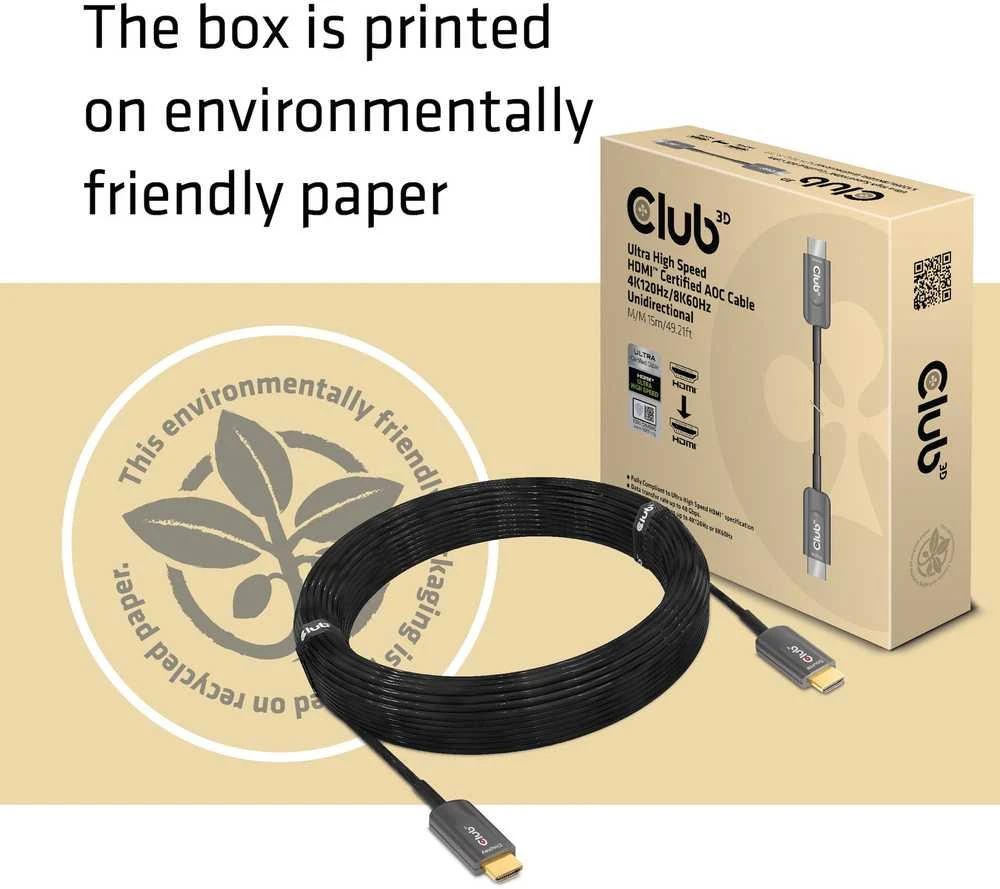 CLUB 3D itin didelės spartos HDMI™ sertifikuotas AOC kabelis 4K120Hz/8K60Hz vienkryptis M/M 15m