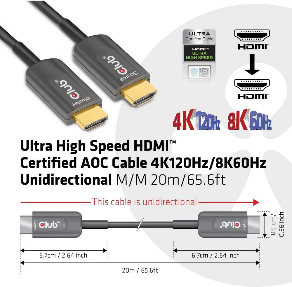 CLUB 3D itin didelės spartos HDMI™ sertifikuotas AOC kabelis 4K120Hz/8K60Hz vienkryptis M/M 20m/65,6ft