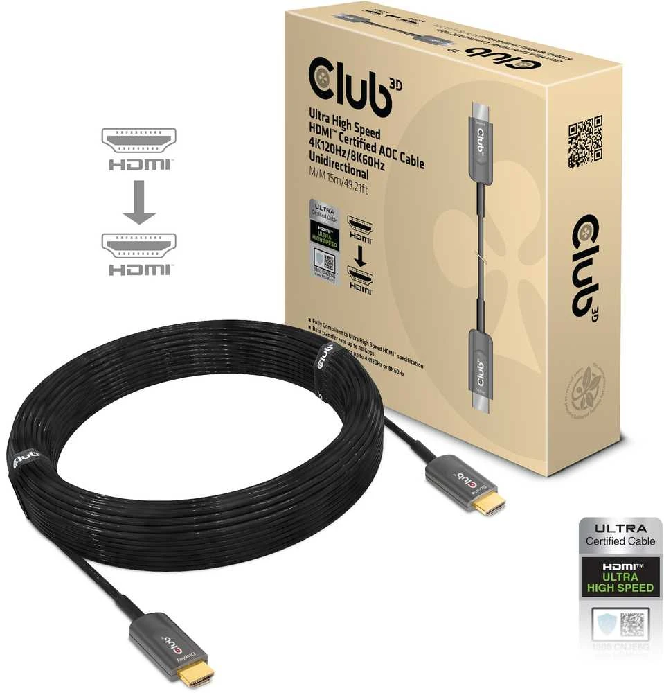CLUB 3D itin didelės spartos HDMI™ sertifikuotas AOC kabelis 4K120Hz/8K60Hz vienkryptis M/M 15m