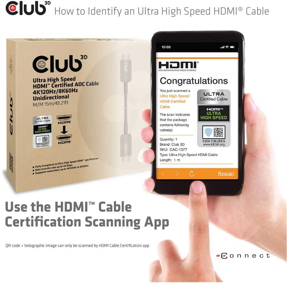 CLUB 3D itin didelės spartos HDMI™ sertifikuotas AOC kabelis 4K120Hz/8K60Hz vienkryptis M/M 15m