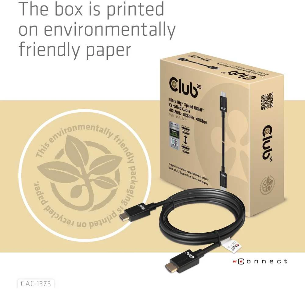 Club 3D Club3D CAC-1373 itin didelės spartos HDMI kabelis 10K 120Hz 48Gbps HDMI 2.1 Vyriškas ir Vyriškas 3 m, padengtas juodu auksu