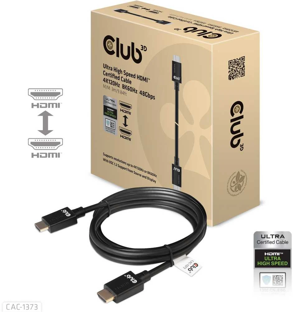 Club 3D Club3D CAC-1373 itin didelės spartos HDMI kabelis 10K 120Hz 48Gbps HDMI 2.1 Vyriškas ir Vyriškas 3 m, padengtas juodu auksu