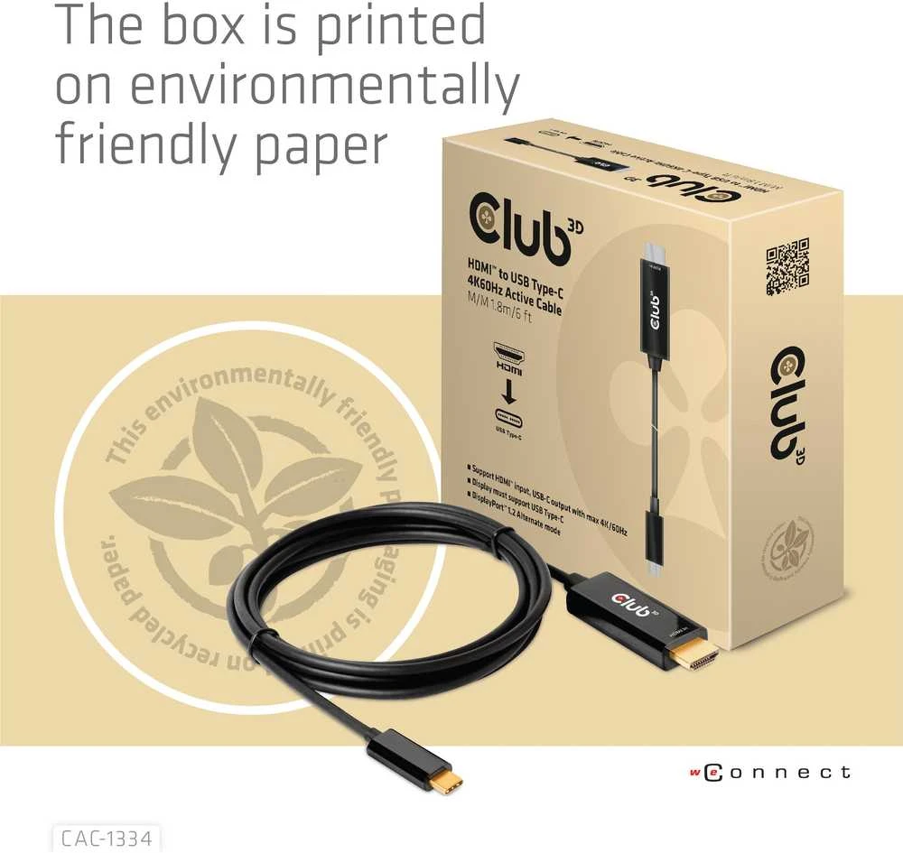 CLUB 3D CAC-1334 HDMI į USB Type-C 4K60Hz aktyvus M/M 1,8 m kabelis