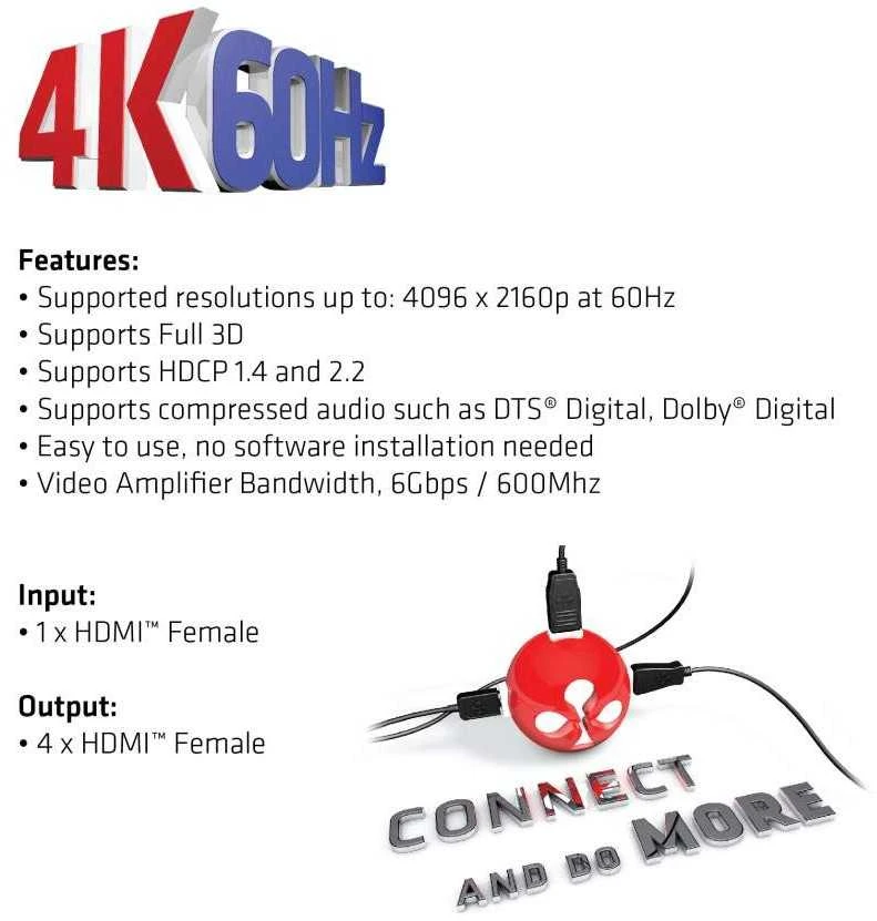 Club 3D CLUB3D HDMI 2.0 UHD skirstytuvas, 4 prievadai