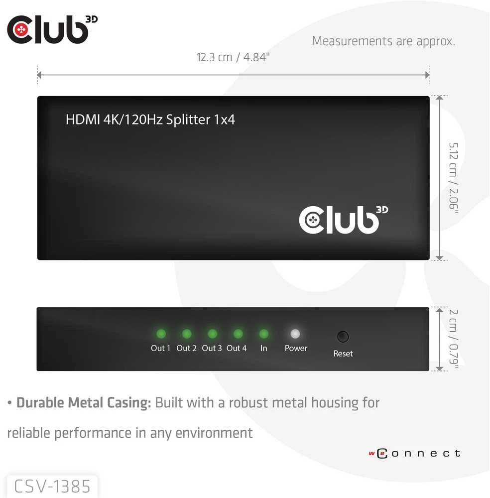 Club 3D HDMI skirstytuvas 1x4 su matmenų schema