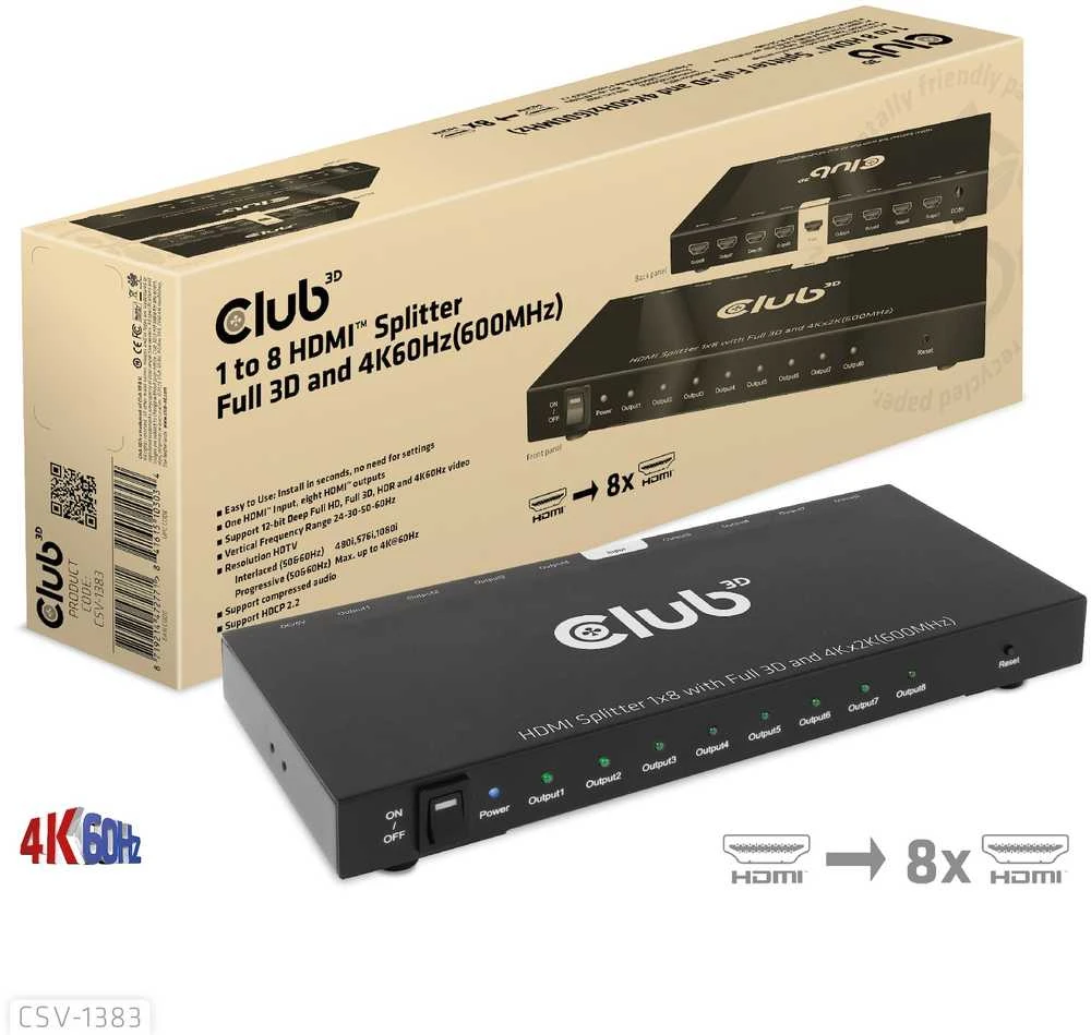 Club 3D Club3D vaizdo skirstytuvas 1:8 HDMI 2.0 4K60Hz UHD (600Mhz), 8 prievadai