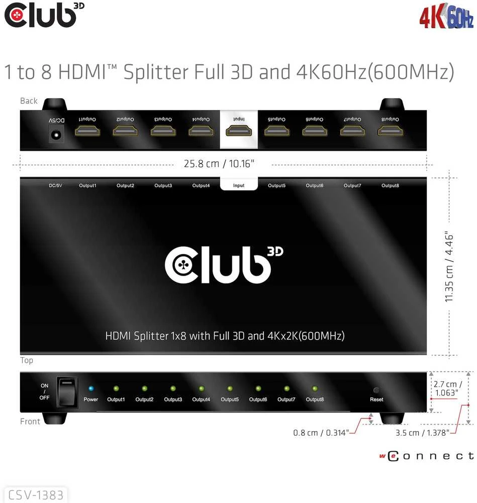 Club 3D Club3D vaizdo skirstytuvas 1:8 HDMI 2.0 4K60Hz UHD (600Mhz), 8 prievadai