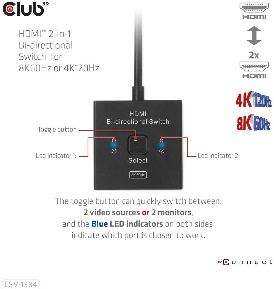 „Club 3D Club3D“ HDMI jungiklis „du viename“ dvikryptis 8K60Hz/4K120Hz UHD mažmeninė prekyba