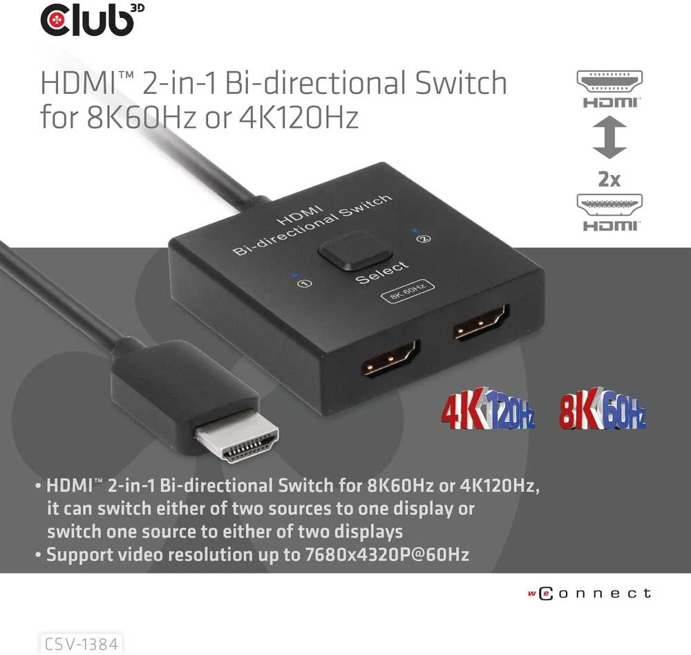 „Club 3D Club3D“ HDMI jungiklis „du viename“ dvikryptis 8K60Hz/4K120Hz UHD mažmeninė prekyba