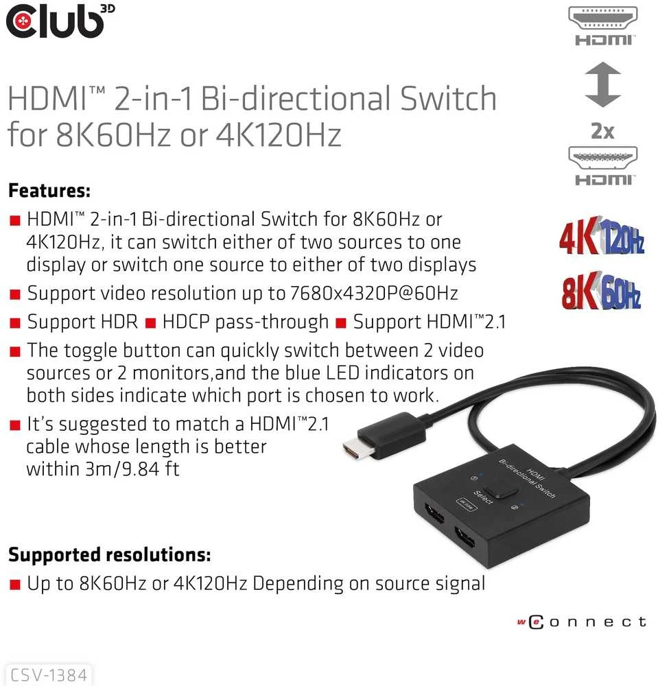 „Club 3D Club3D“ HDMI jungiklis „du viename“ dvikryptis 8K60Hz/4K120Hz UHD mažmeninė prekyba