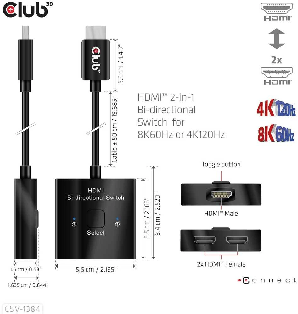 „Club 3D Club3D“ HDMI jungiklis „du viename“ dvikryptis 8K60Hz/4K120Hz UHD mažmeninė prekyba