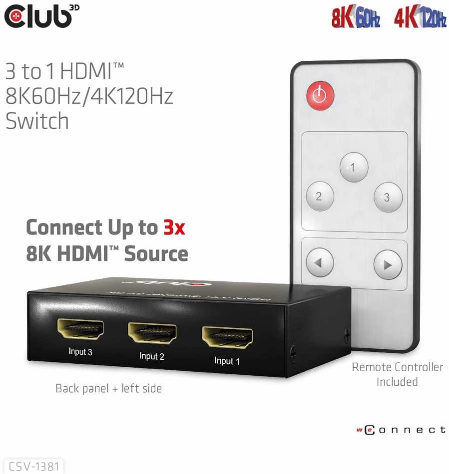 Club 3D Club3D jungiklis 1:3 HDMI 8K60Hz/4K120Hz, 3 portai