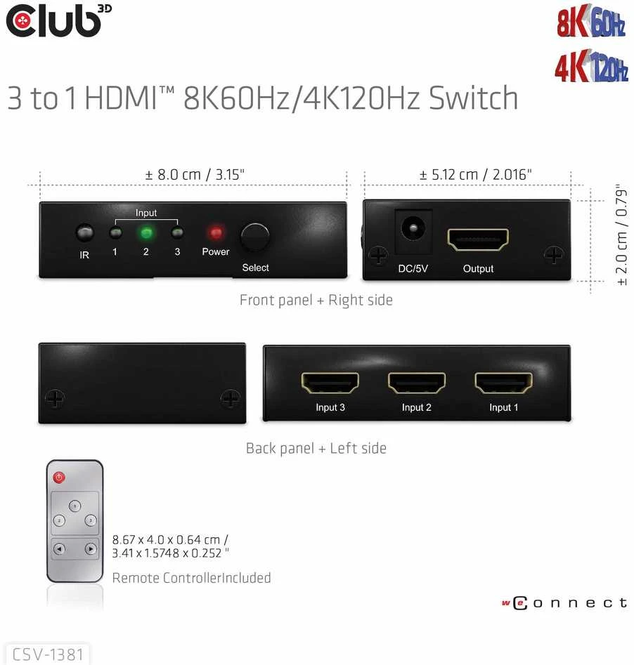 Club 3D Club3D jungiklis 1:3 HDMI 8K60Hz/4K120Hz, 3 portai