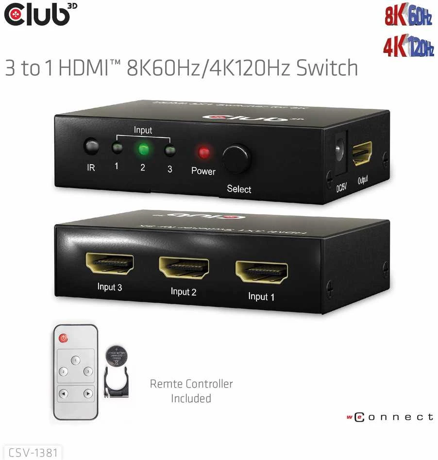 Club 3D Club3D jungiklis 1:3 HDMI 8K60Hz/4K120Hz, 3 portai
