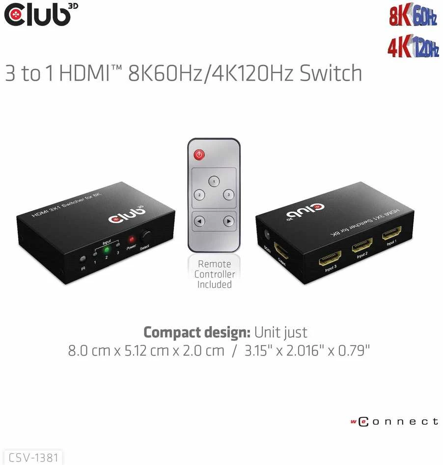 Club 3D Club3D jungiklis 1:3 HDMI 8K60Hz/4K120Hz, 3 portai