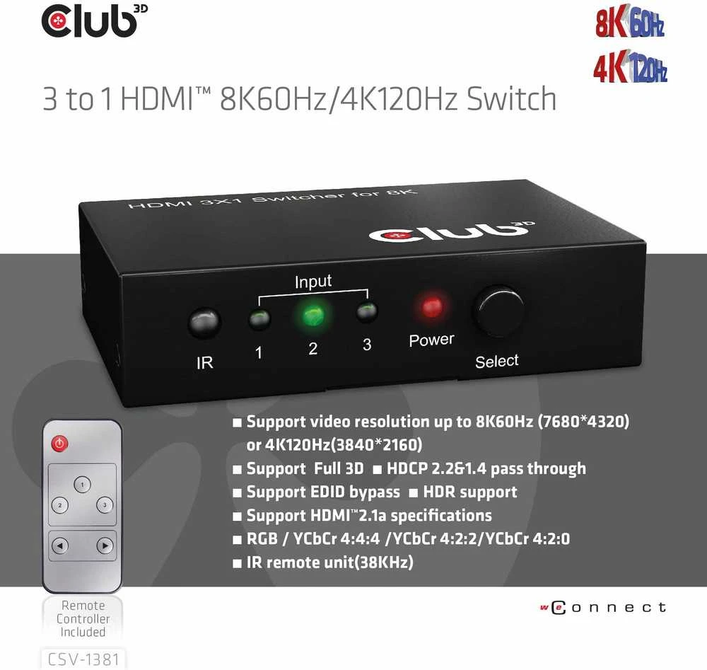 Club 3D Club3D jungiklis 1:3 HDMI 8K60Hz/4K120Hz, 3 portai