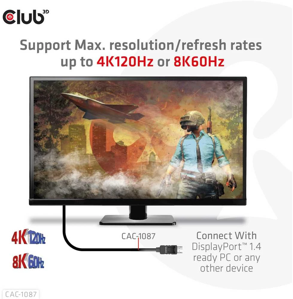 Club 3D DisplayPort į HDMI 4K120Hz/8K60Hz laidas – 3m