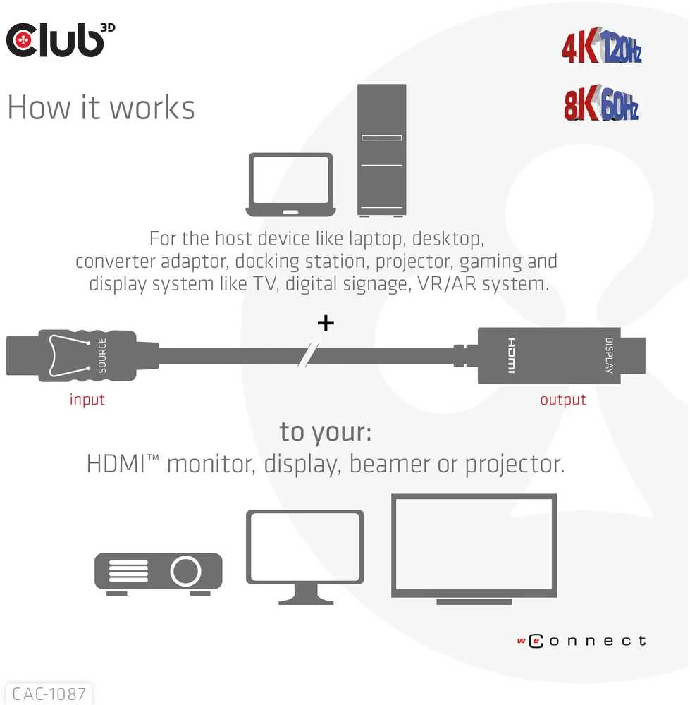 Club 3D DisplayPort į HDMI 4K120Hz/8K60Hz laidas – 3m
