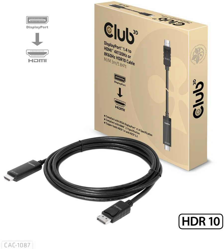 Club 3D DisplayPort į HDMI 4K120Hz/8K60Hz laidas – 3m