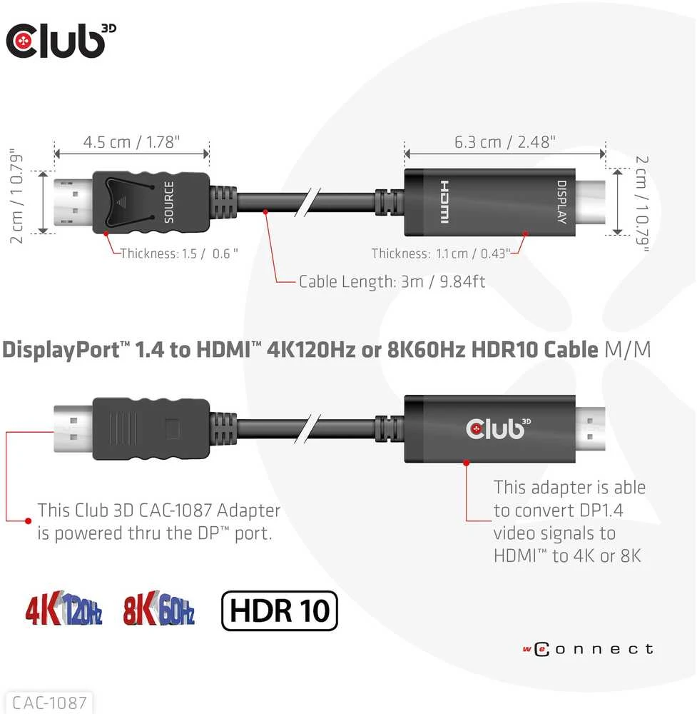 Club 3D DisplayPort į HDMI 4K120Hz/8K60Hz laidas – 3m