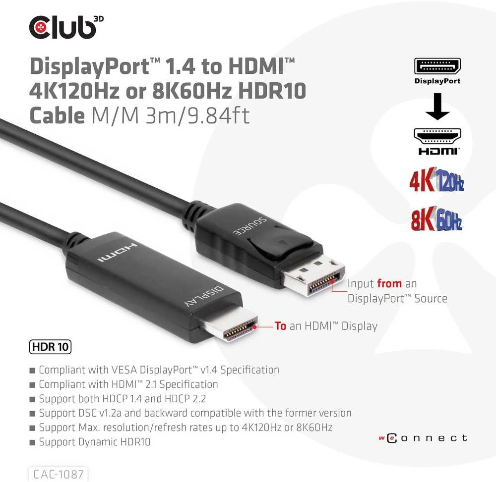 Club 3D DisplayPort į HDMI 4K120Hz/8K60Hz laidas – 3m