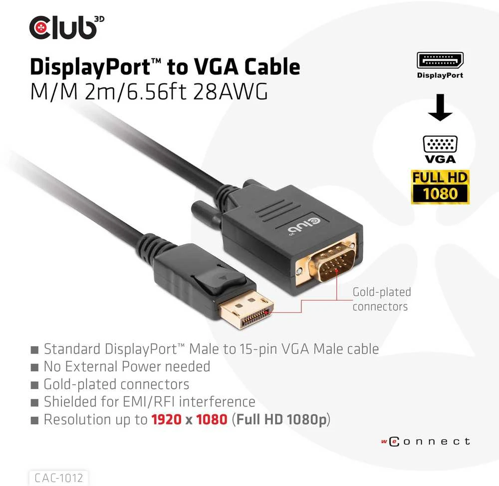 Kabelis Club 3D Club3D Kabelis DisplayPort > VGA St/St 2m mažmeninė prekyba