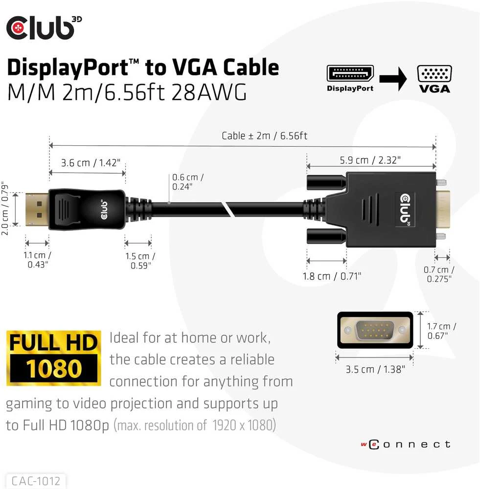 Kabelis Club 3D Club3D Kabelis DisplayPort > VGA St/St 2m mažmeninė prekyba